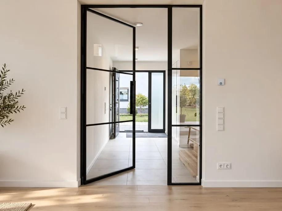 Drehtür aus Stahl und Glas mit Seitenteil zum Eingangsflur