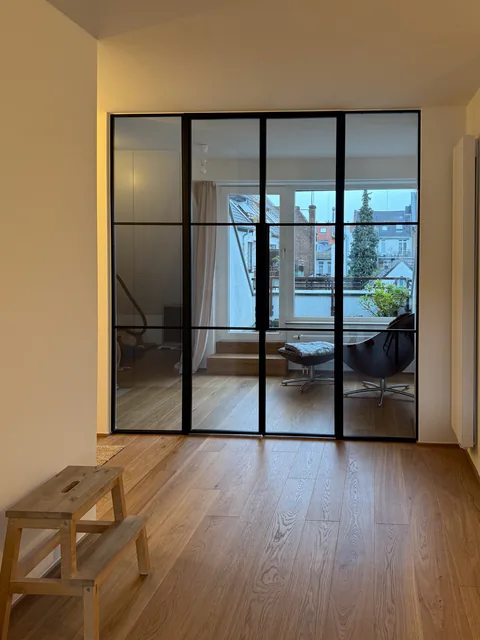 Stahl-Glas-Drehtür zum Wohnzimmer im warmen Abendlicht
